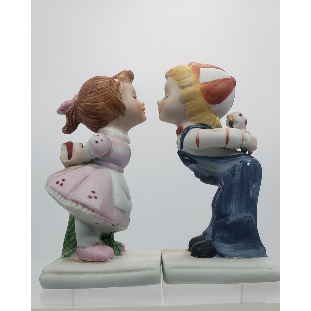 Vintage Whimsical Bisque Playful Pair of Kissing Kids Children Shelf Figurines